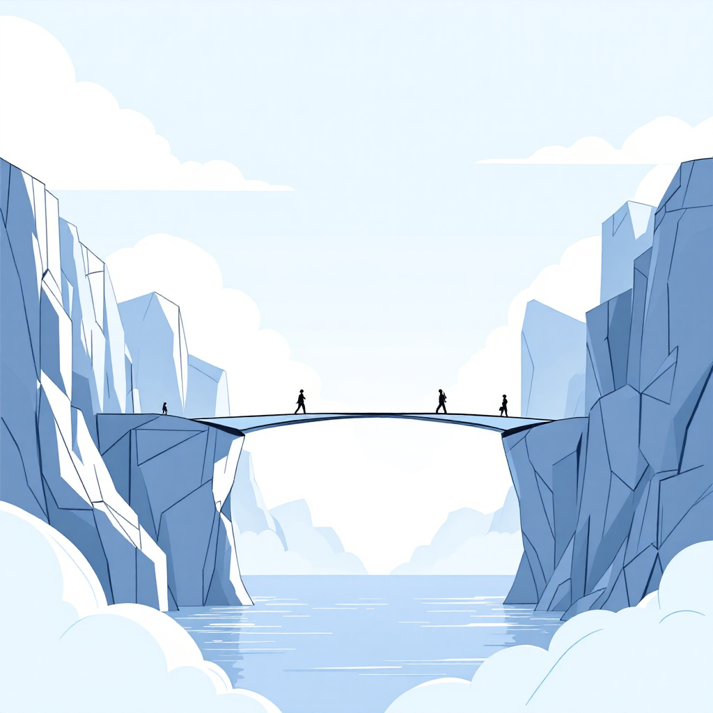 Illustration von mehreren Personen, die auf einer Brücke zwischen zwei steilen Klippen gehen – Symbol für Mediation, Konfliktlösung und das Überwinden von Differenzen.