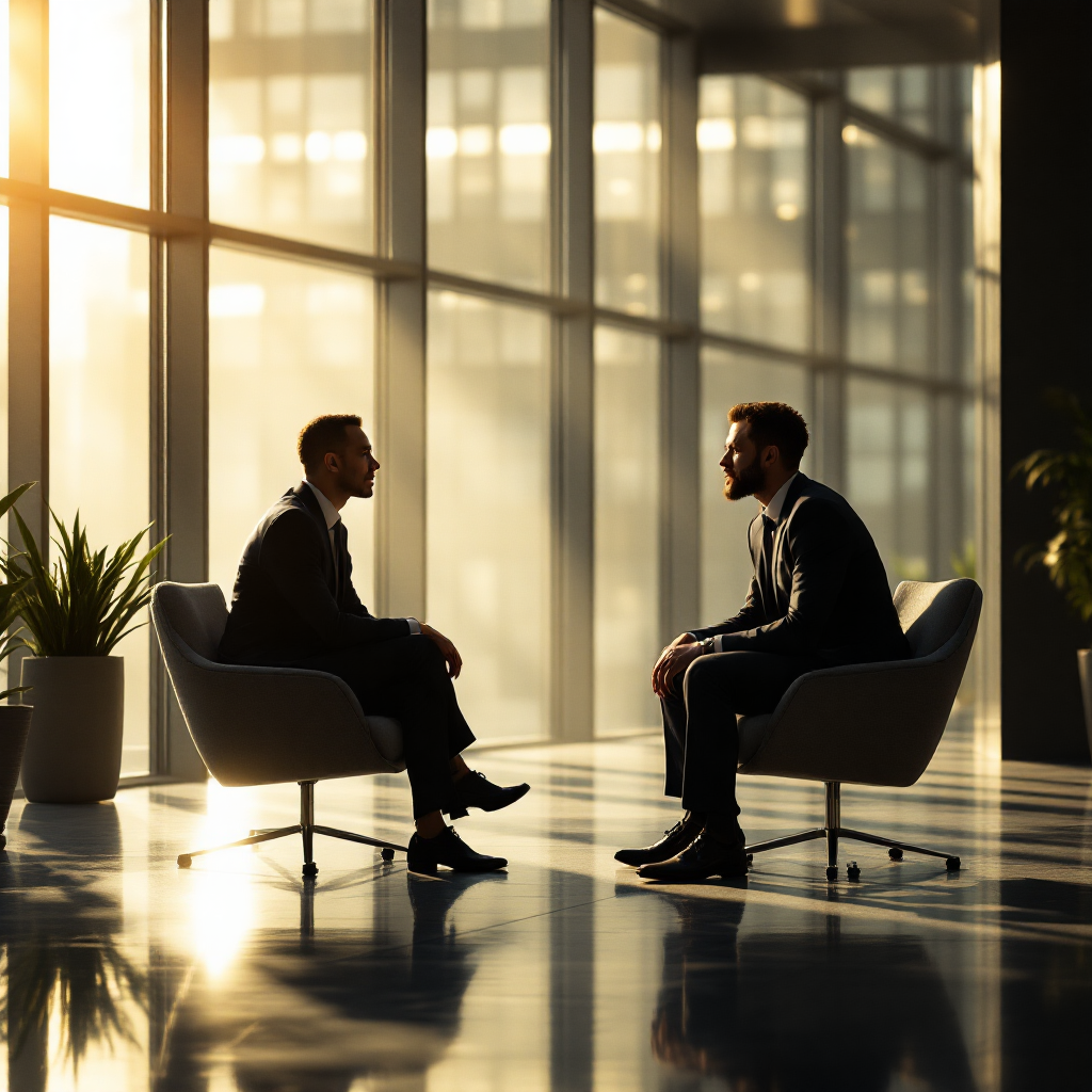Zwei Geschäftsleute im Anzug im Gespräch auf Augenhöhe in einem modernen Büro bei Sonnenlicht – Symbol für Businessmediation und konstruktive Konfliktlösung.